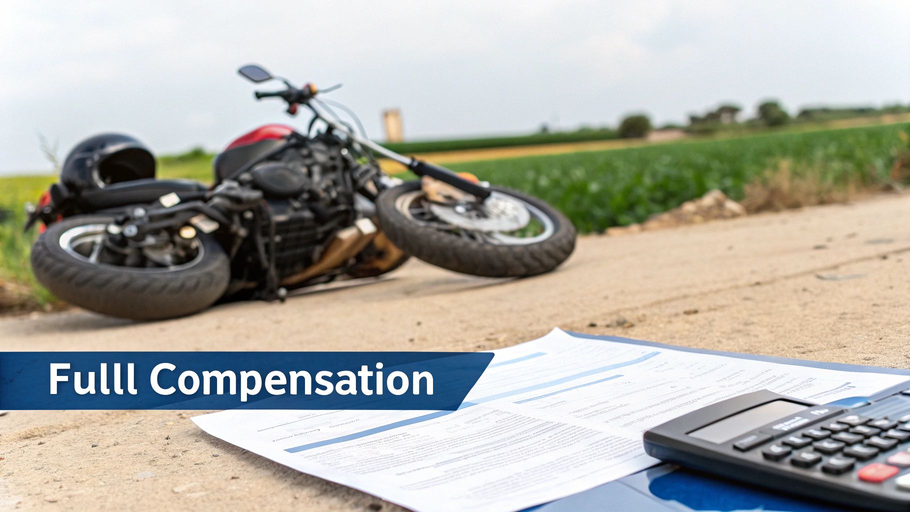 A legal professional reviews documents and receipts related to a motorcycle accident claim at a desk with a calculator.