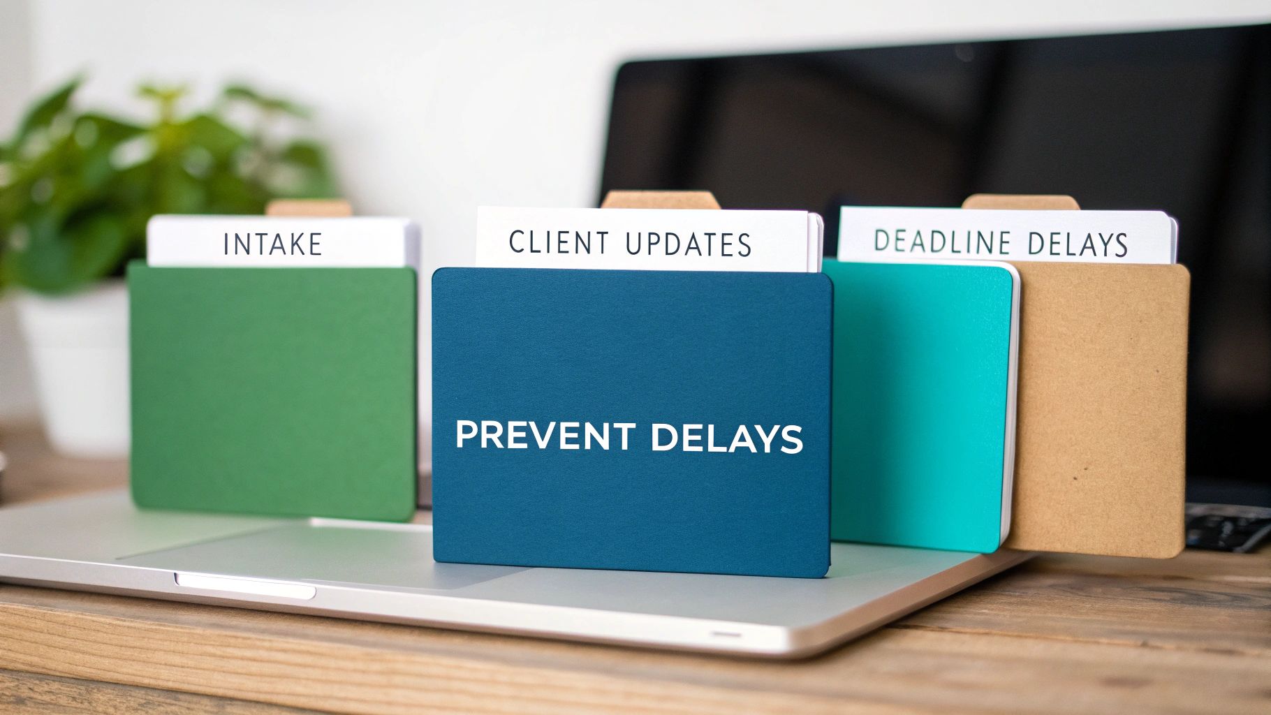 Three diagrams representing automated systems for intake, client communication, and deadline tracking.