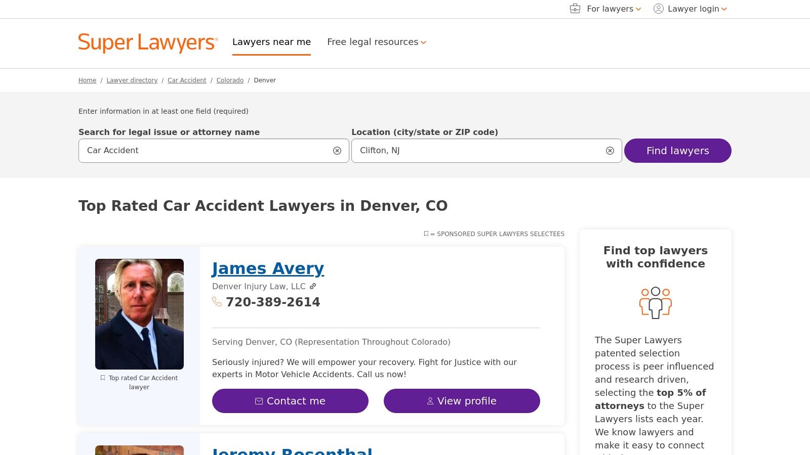 Super Lawyers Denver page for motor vehicle accidents