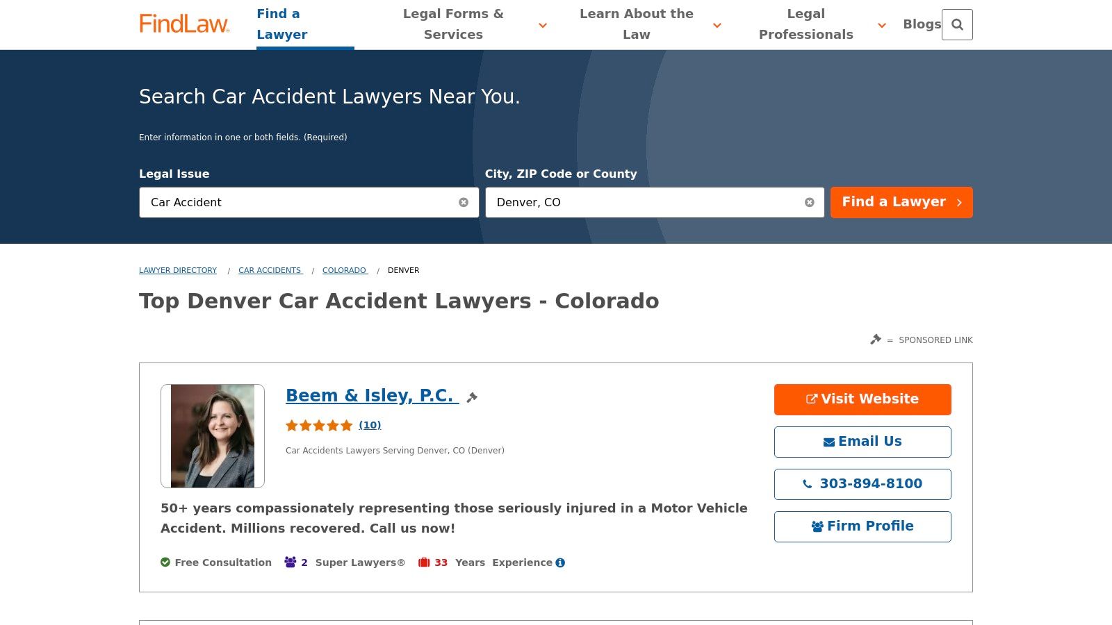 FindLaw's Denver Car Accident Lawyer directory page