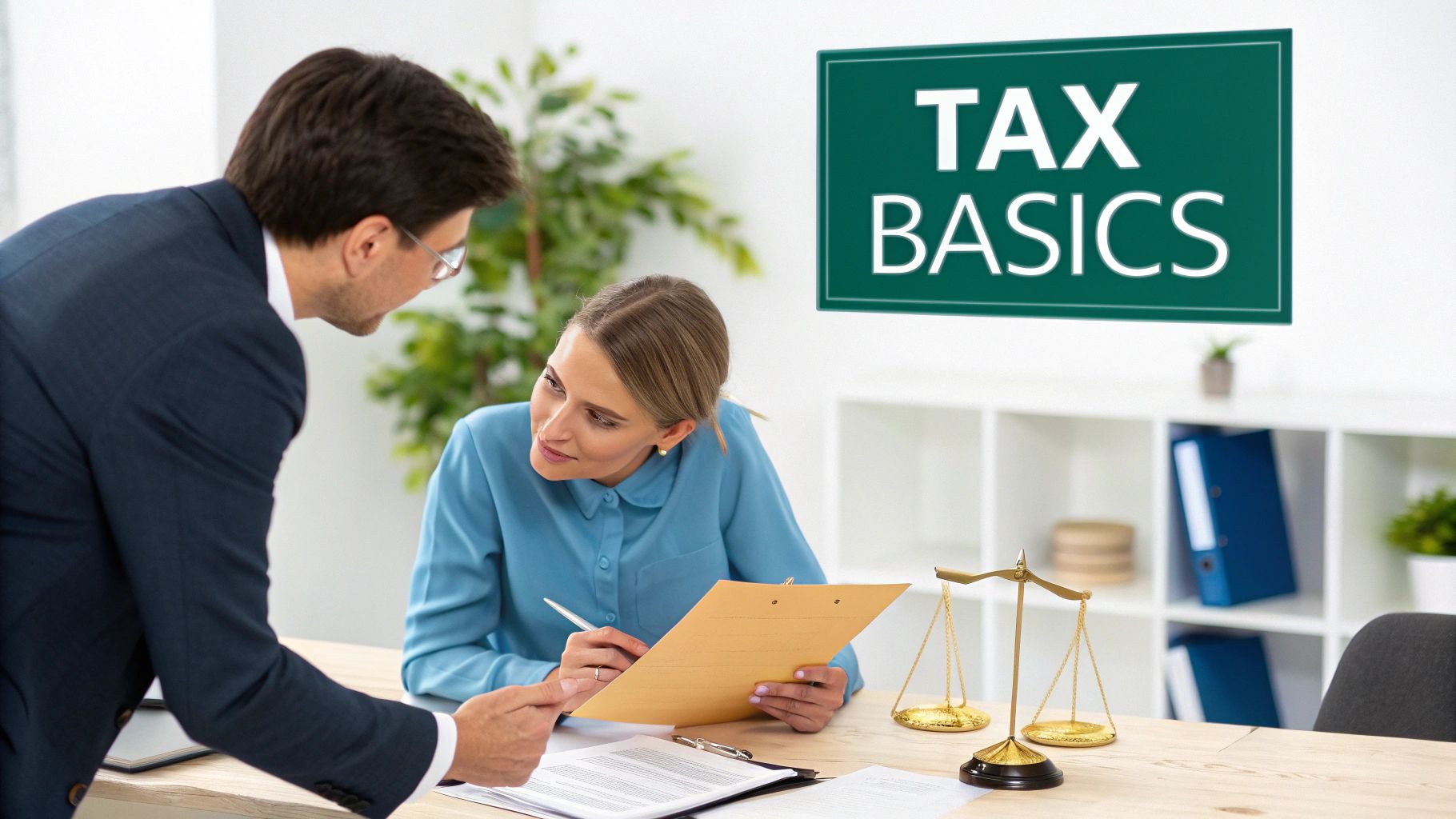 A person signing a legal document on a desk with a calculator and files.