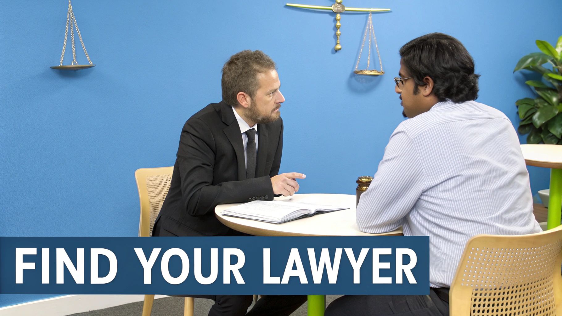 An attorney and client shaking hands across a desk in a well-lit Greeley office.