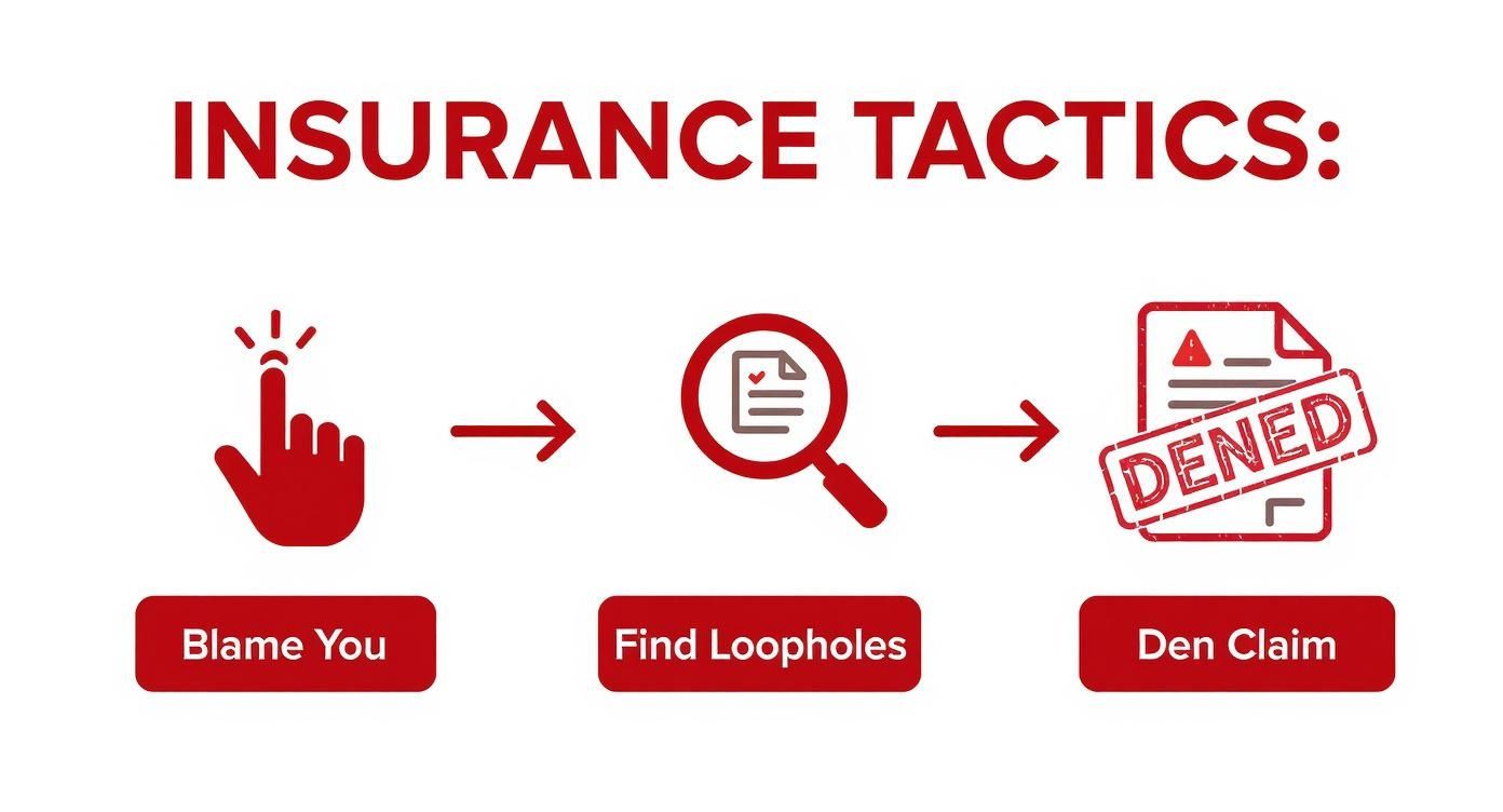 A graphic showing 'Insurance Tactics': Blame You, Find Loopholes, then Denied Claim.