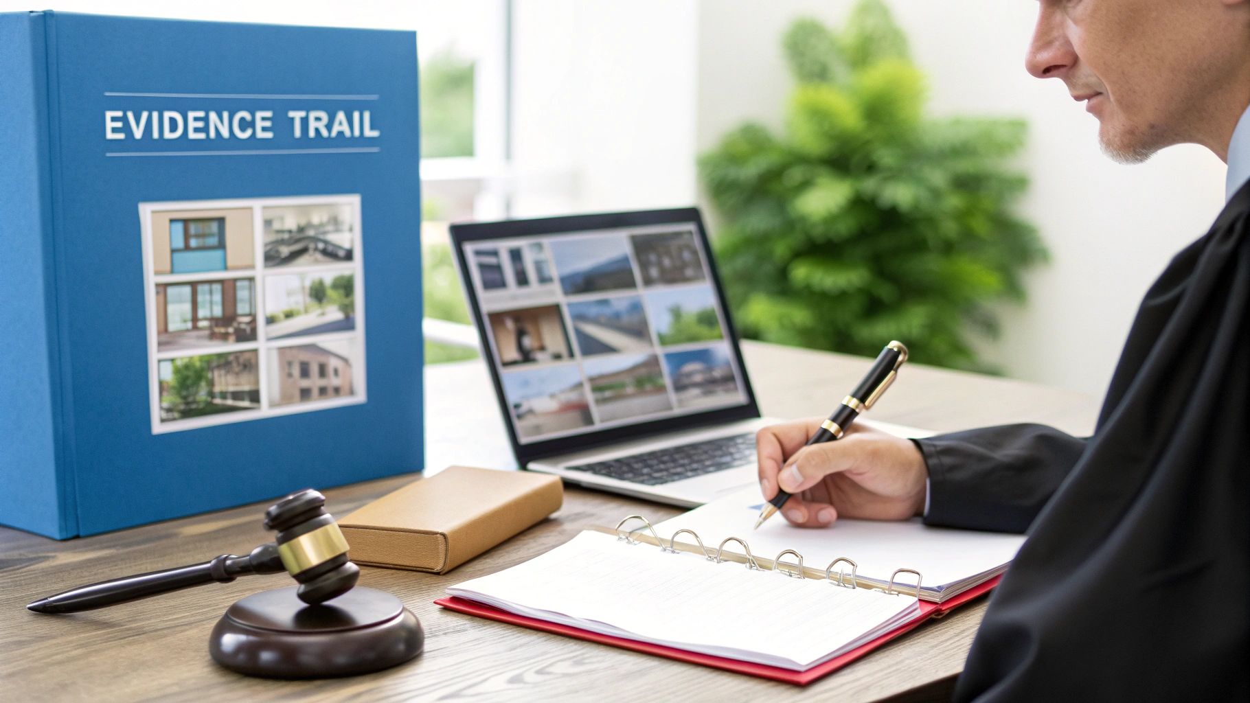 A lawyer in a robe reviews apartment complex evidence with a laptop, binder, and gavel.