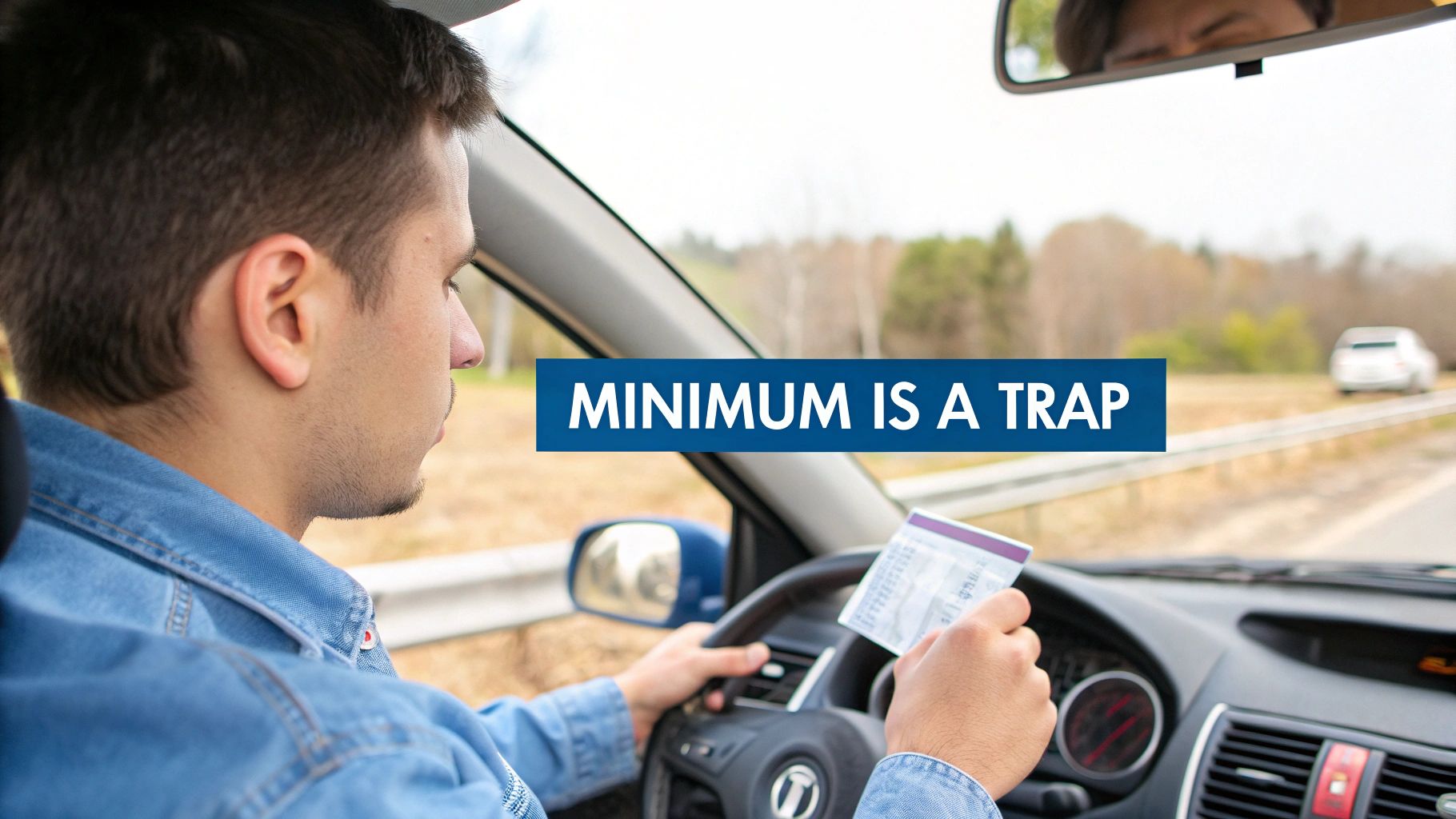 A man in a denim shirt driving a car, holding a document while a text overlay says "MINIMUM IS A TRAP."