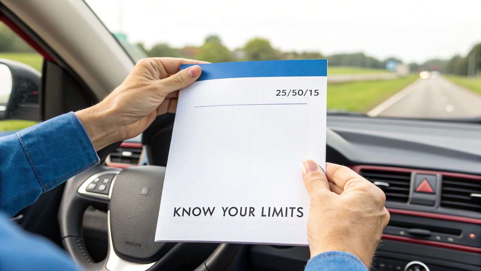Hands in a car holding a document displaying '25/50/15' and 'KNOW YOUR LIMITS'.