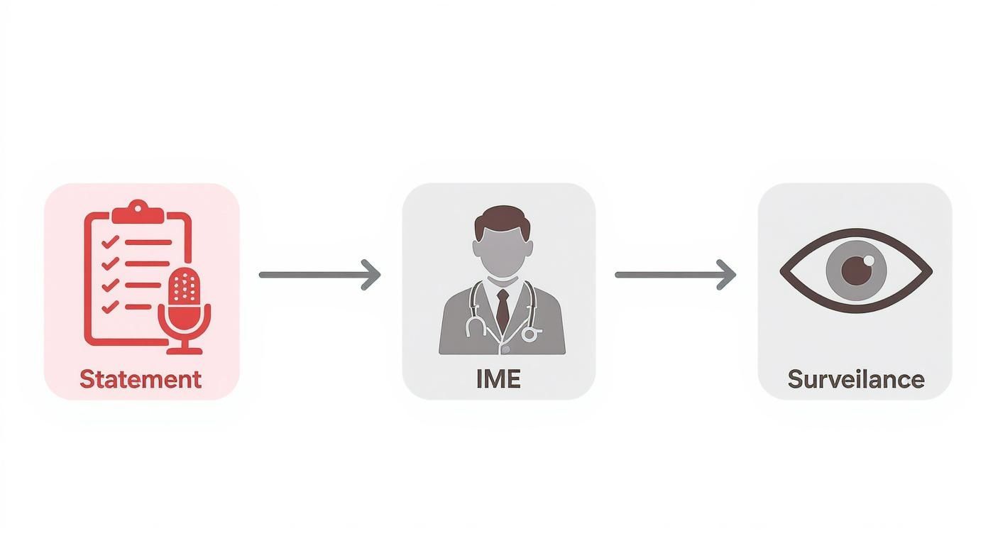 Infographic showing the process flow of insurer tactics: Recorded Statement, Independent Medical Exam, and Surveillance.