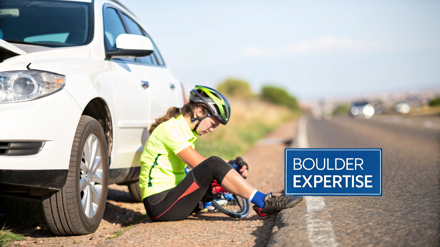 A distressed cyclist in a helmet sits on the roadside next to a white car with an open hood.