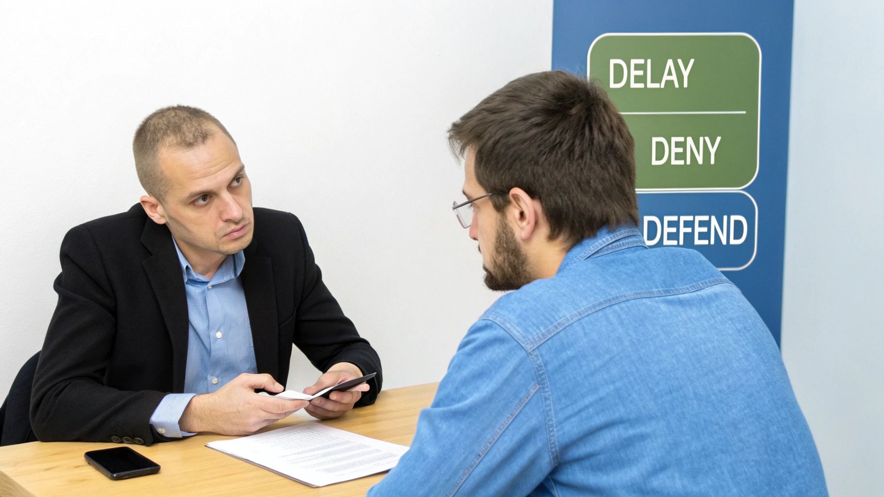 A lawyer and a client discuss documents at a table, with a 'Delay, Deny, Defend' sign.