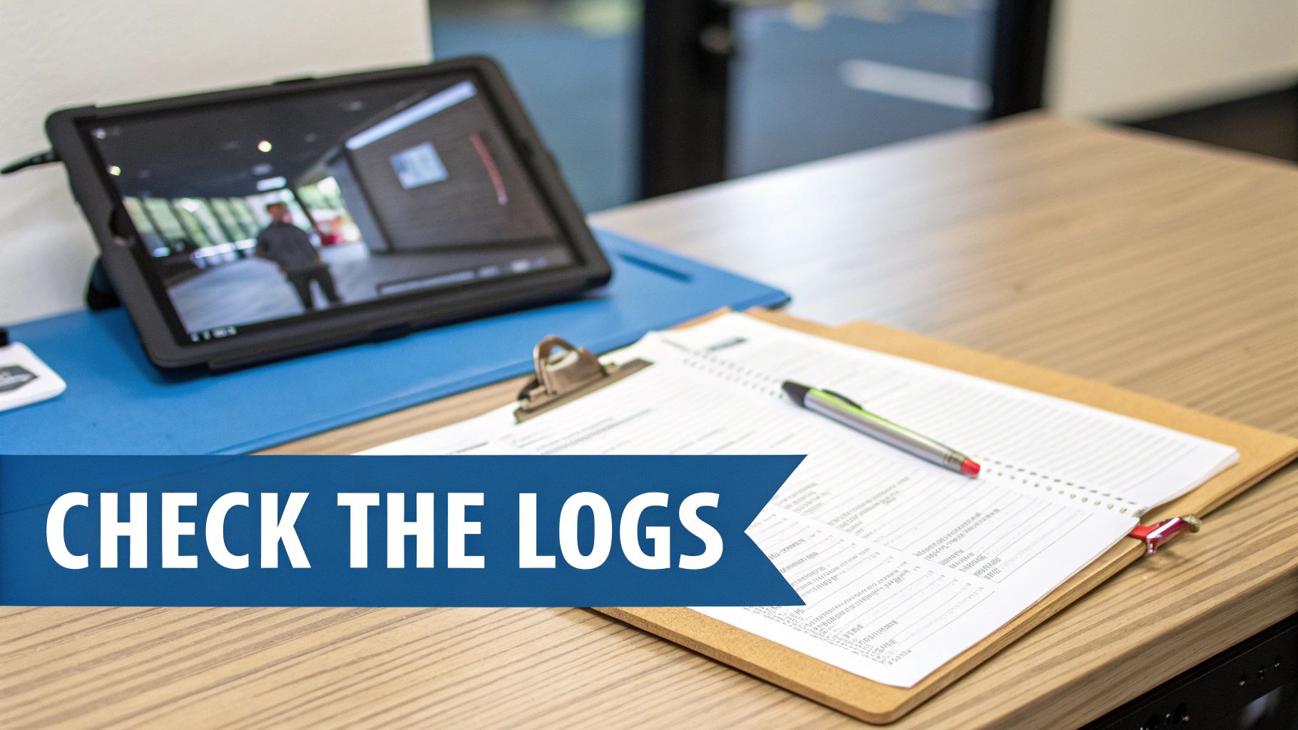 A tablet showing a security feed, a clipboard with papers, and a pen on a wooden desk, with "CHECK THE LOGS".