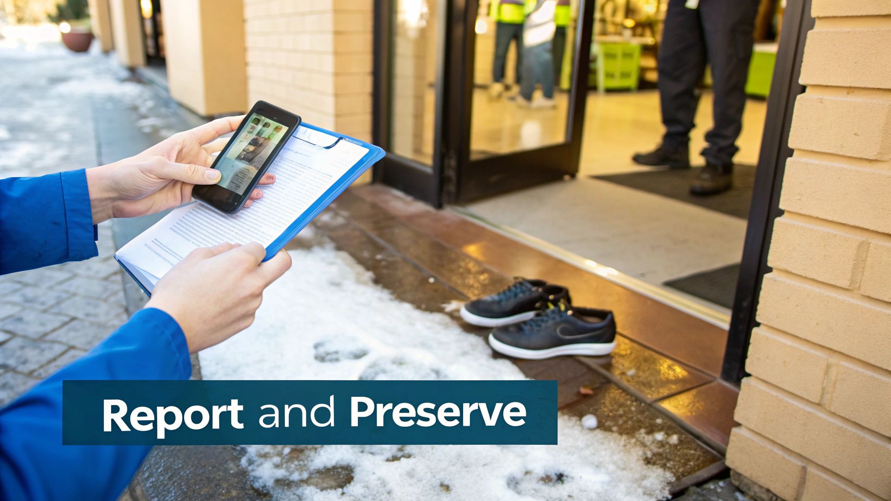 Person documenting icy conditions outside a business entrance with a phone and clipboard, showing a slip hazard.