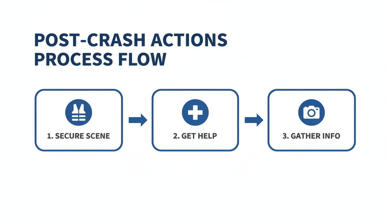 A flowchart showing the three steps for post-crash actions: secure scene, get help, and gather info.
