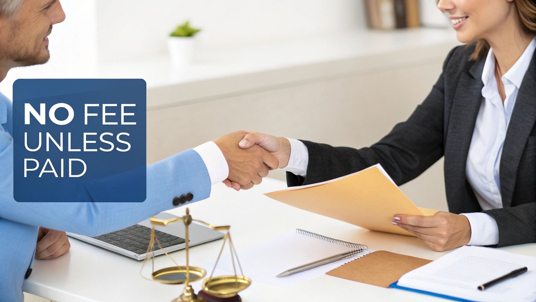 A man and woman shake hands in a professional setting, with legal documents and a 'No Fee Unless Paid' sign.
