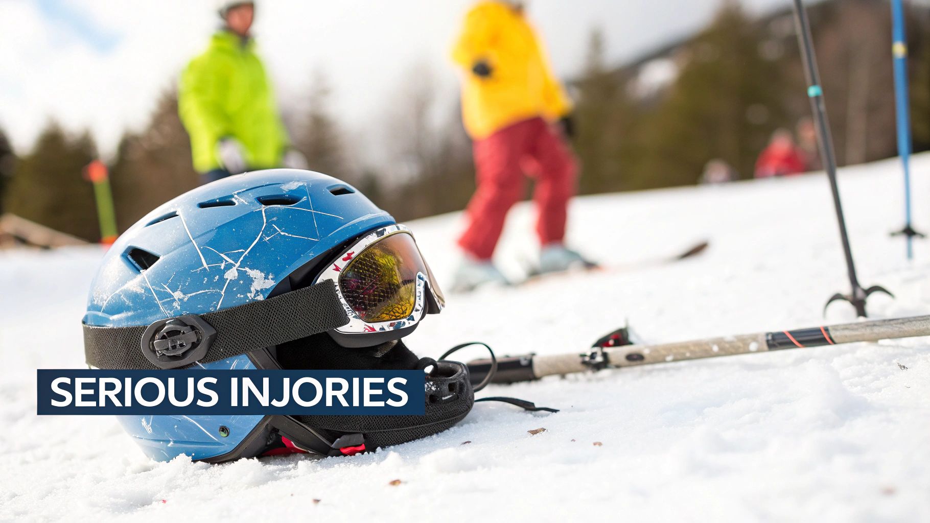 A blue ski helmet and goggles lie in the snow, suggesting a serious skiing injury or accident on the slope.