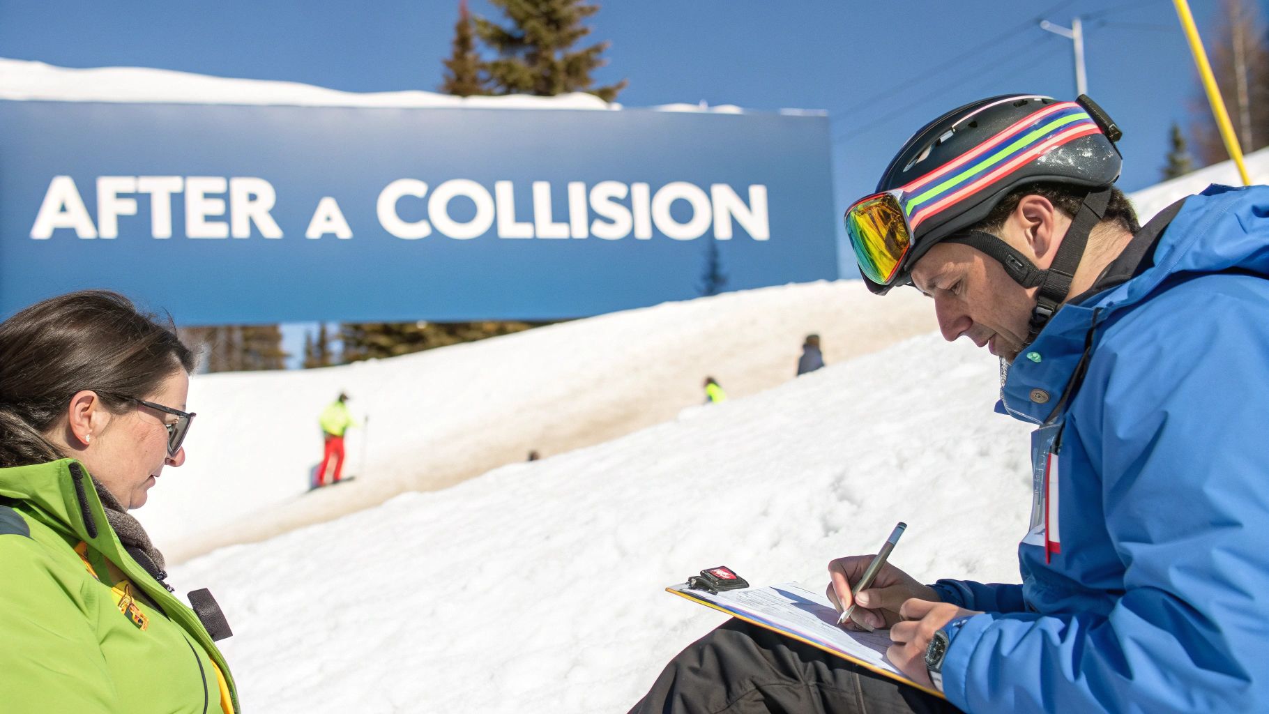 A man in ski gear writes on a clipboard on a snowy mountain, with a woman and "AFTER A COLLISION" sign.