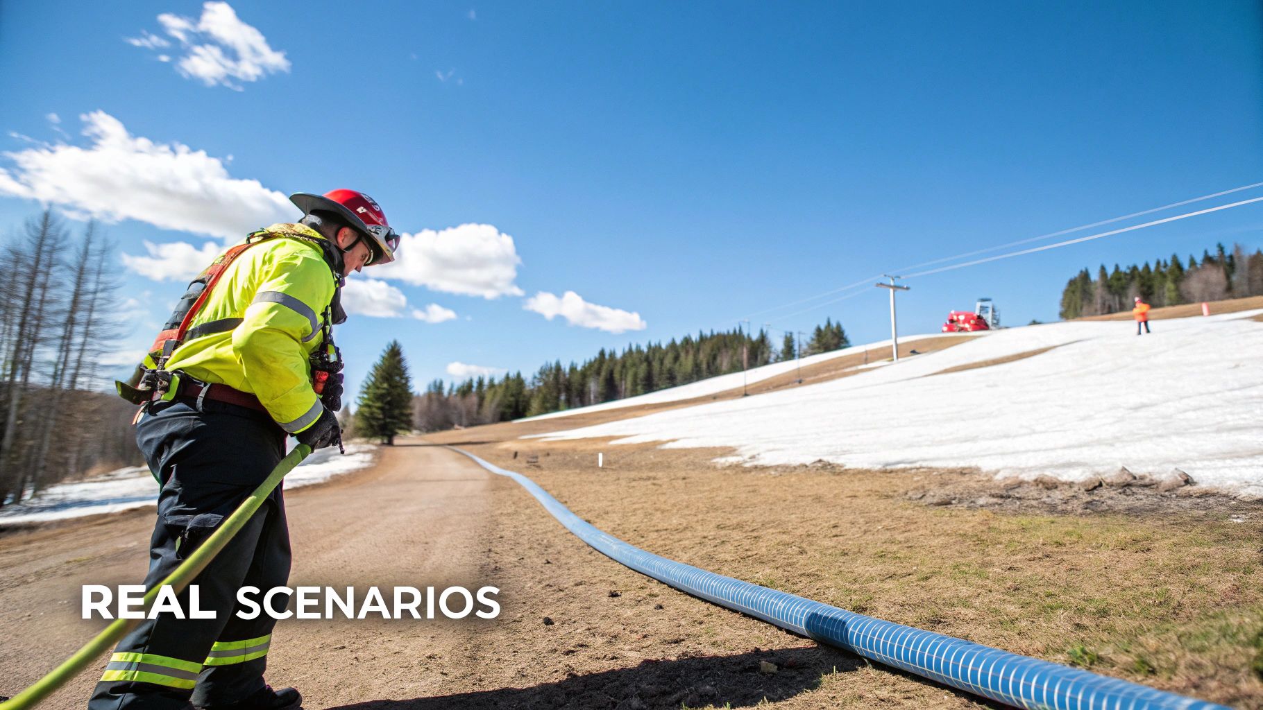 A person in fire safety gear with a hose walks on a dirt road near a snowy ski slope.
