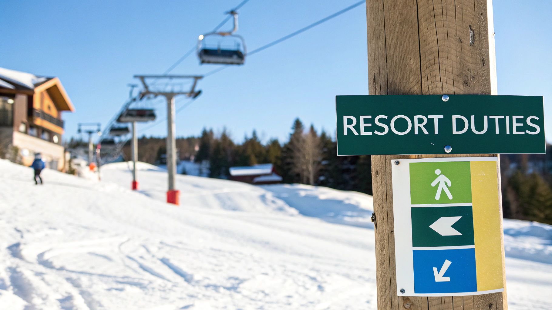 A wooden post with 'Resort Duties' and directional signs at a snowy ski resort, featuring a ski lift and building.