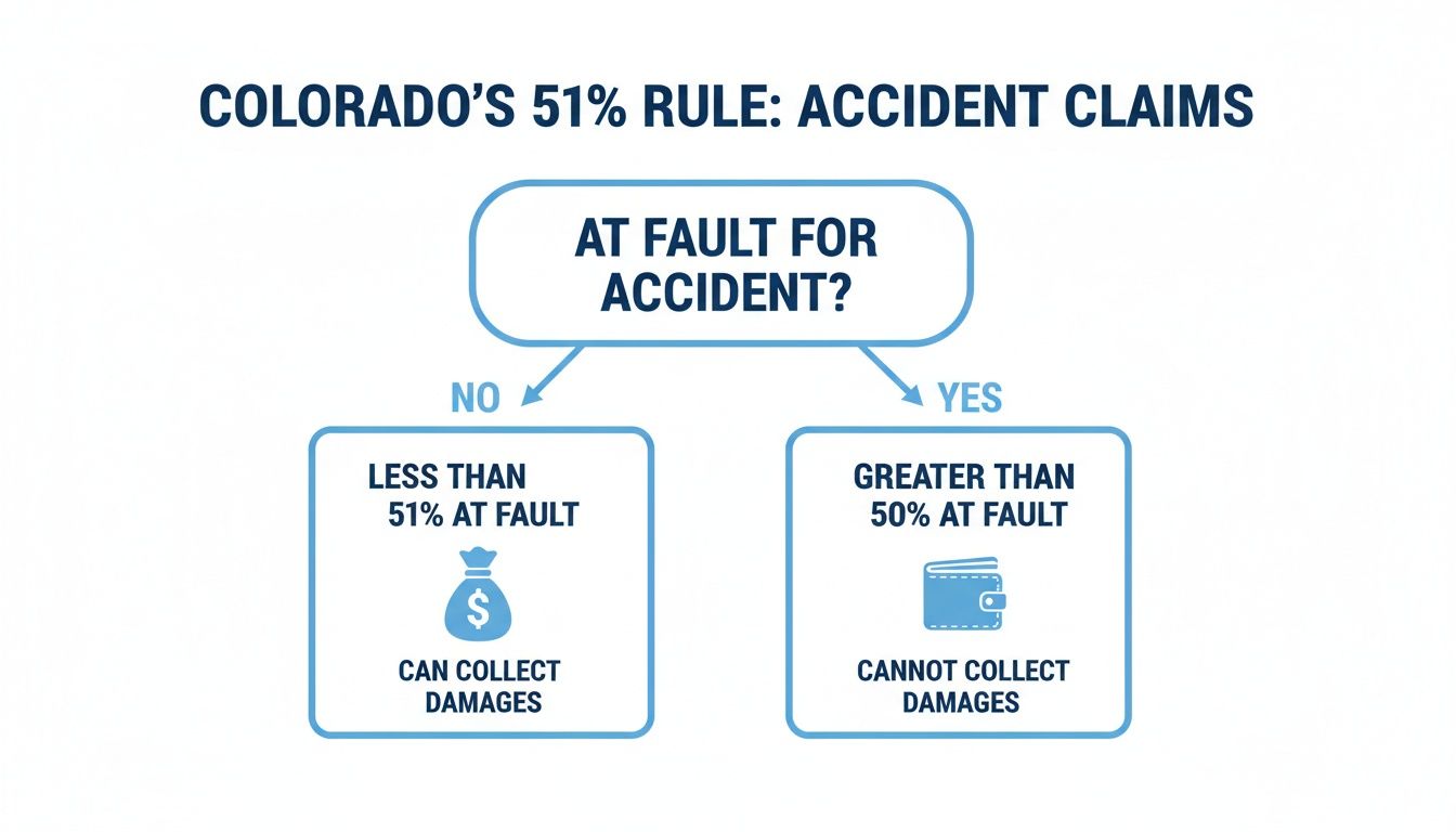 Flowchart explaining Colorado's 51% rule for accident claims and collecting damages based on fault.