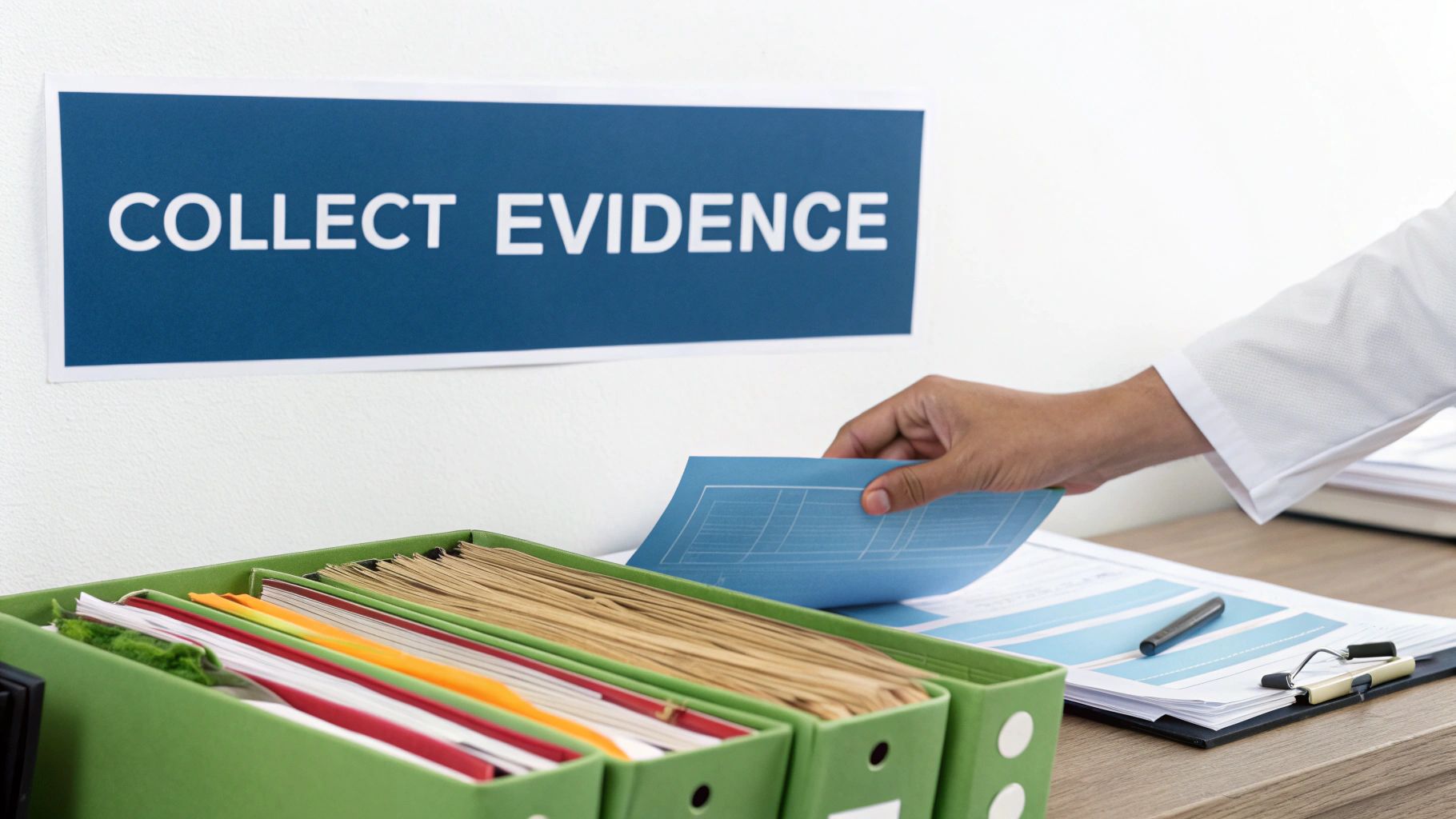 Person organizing documents and evidence for an insurance claim appeal.