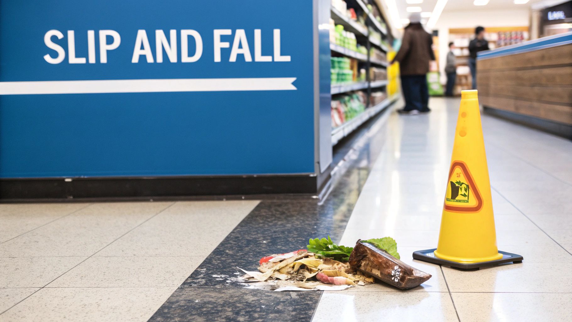 A person slipping on a wet floor in a hallway, illustrating a common premises liability accident.