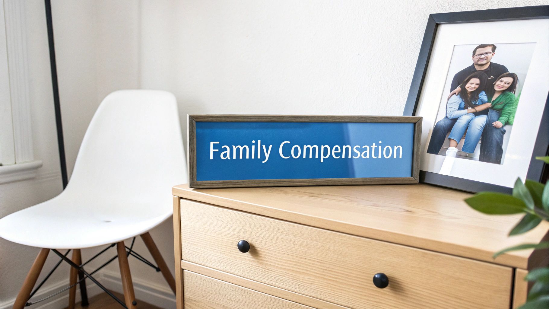 A framed sign displays 'Family Compensation' on a wooden dresser beside a family photo, with a white chair.