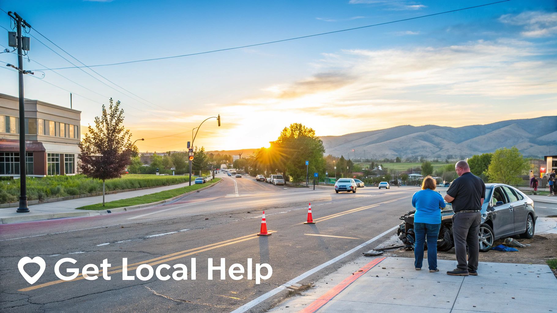 A car accident scene at sunset with two people assessing a damaged car on the roadside.