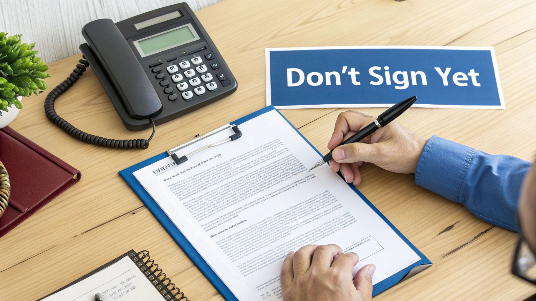 A person's hands about to sign a document on a clipboard, with a 'Don't Sign Yet' sign.