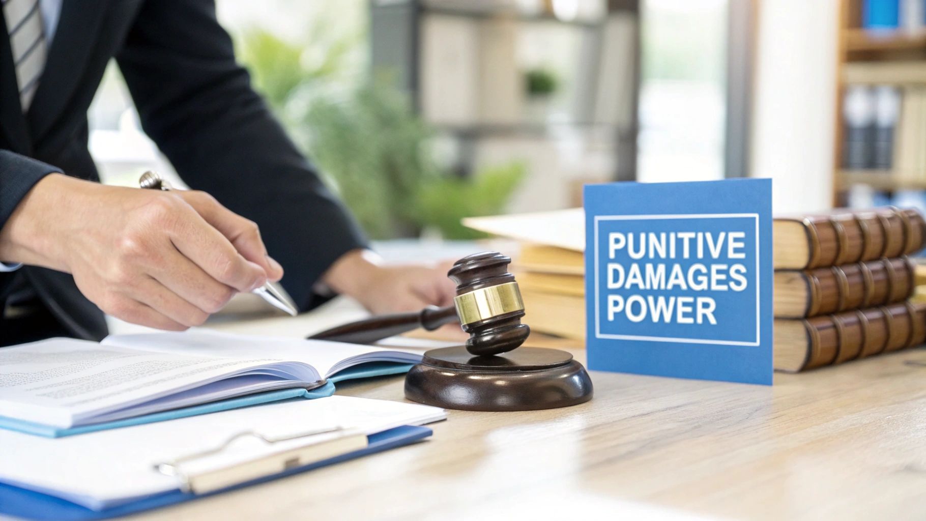 A lawyer reviews legal documents at a desk with a gavel and books, focusing on punitive damages.