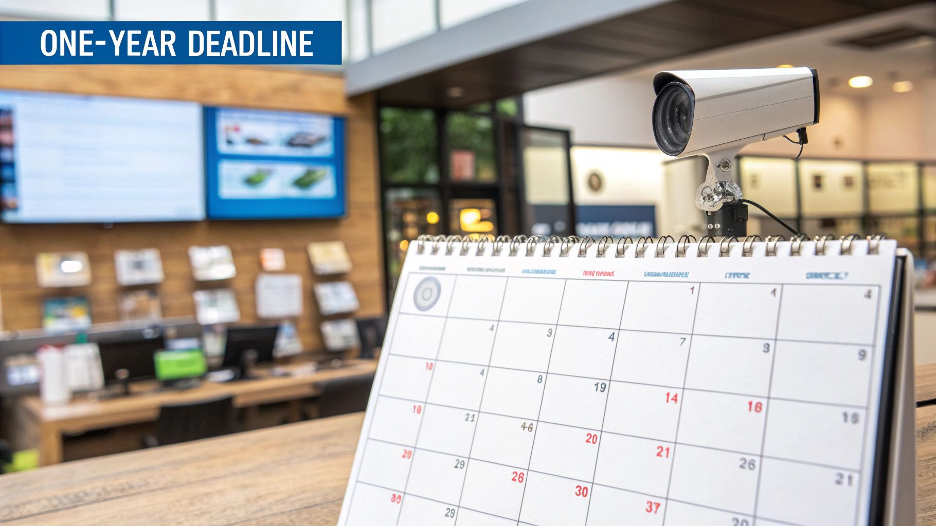 A security camera overlooks a desk calendar in an office, with a 'ONE-YEAR DEADLINE' banner.