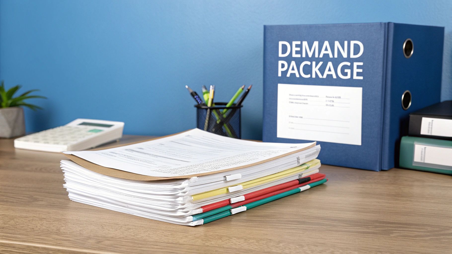 A desk with a stack of demand package documents, a binder, calculator, and office supplies.