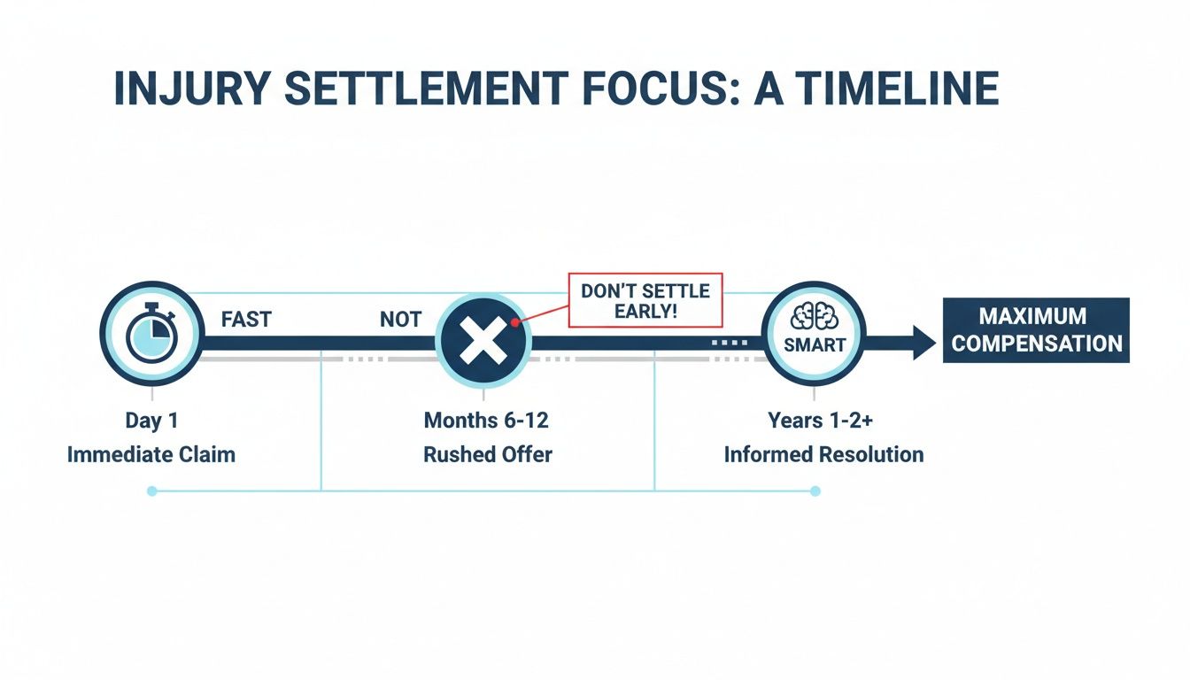 Timeline for injury settlement focusing on informed resolution for maximum compensation, warning against early settlement.