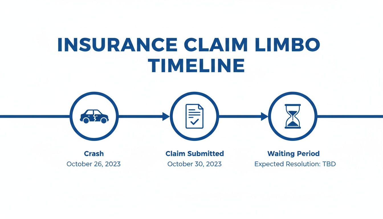 A timeline infographic titled 'Insurance Claim Limbo Timeline' with three stages: Crash, Claim Submitted, and Waiting Period.
