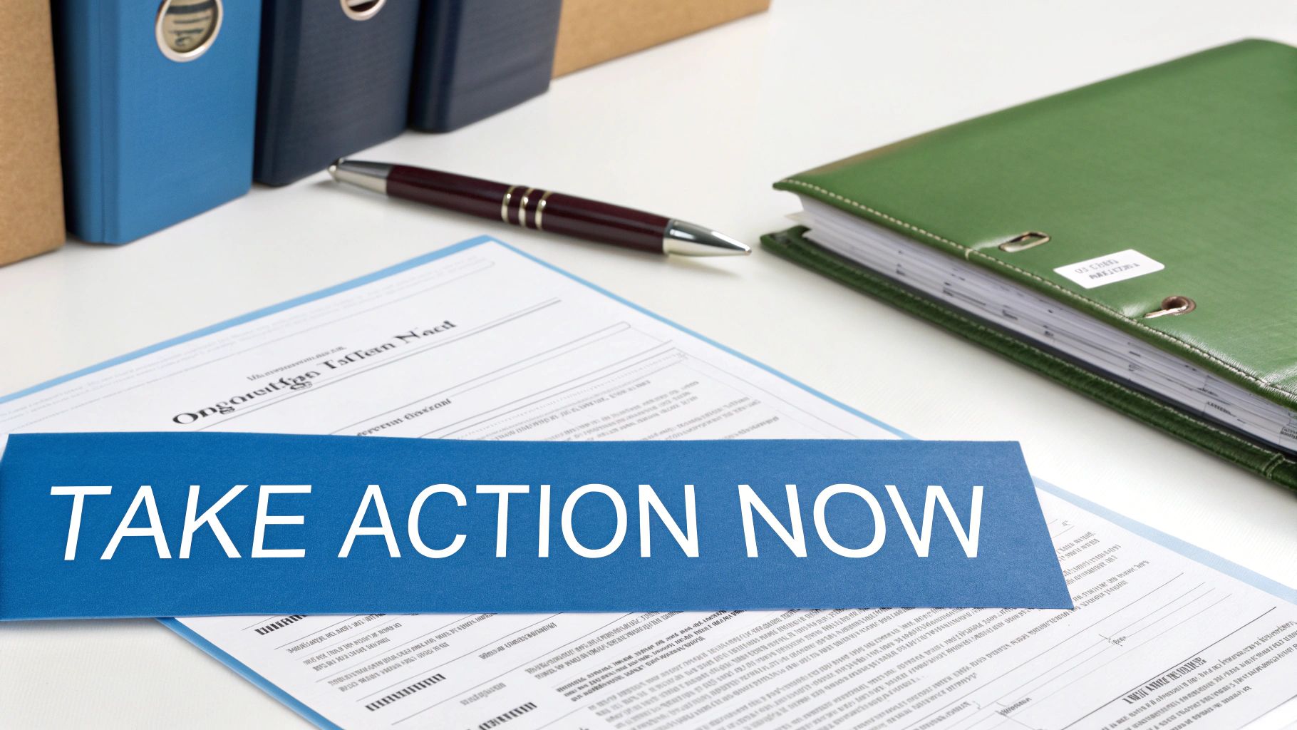 A desk with office binders and a pen, featuring a blue strip with 'TAKE ACTION NOW' over a document.