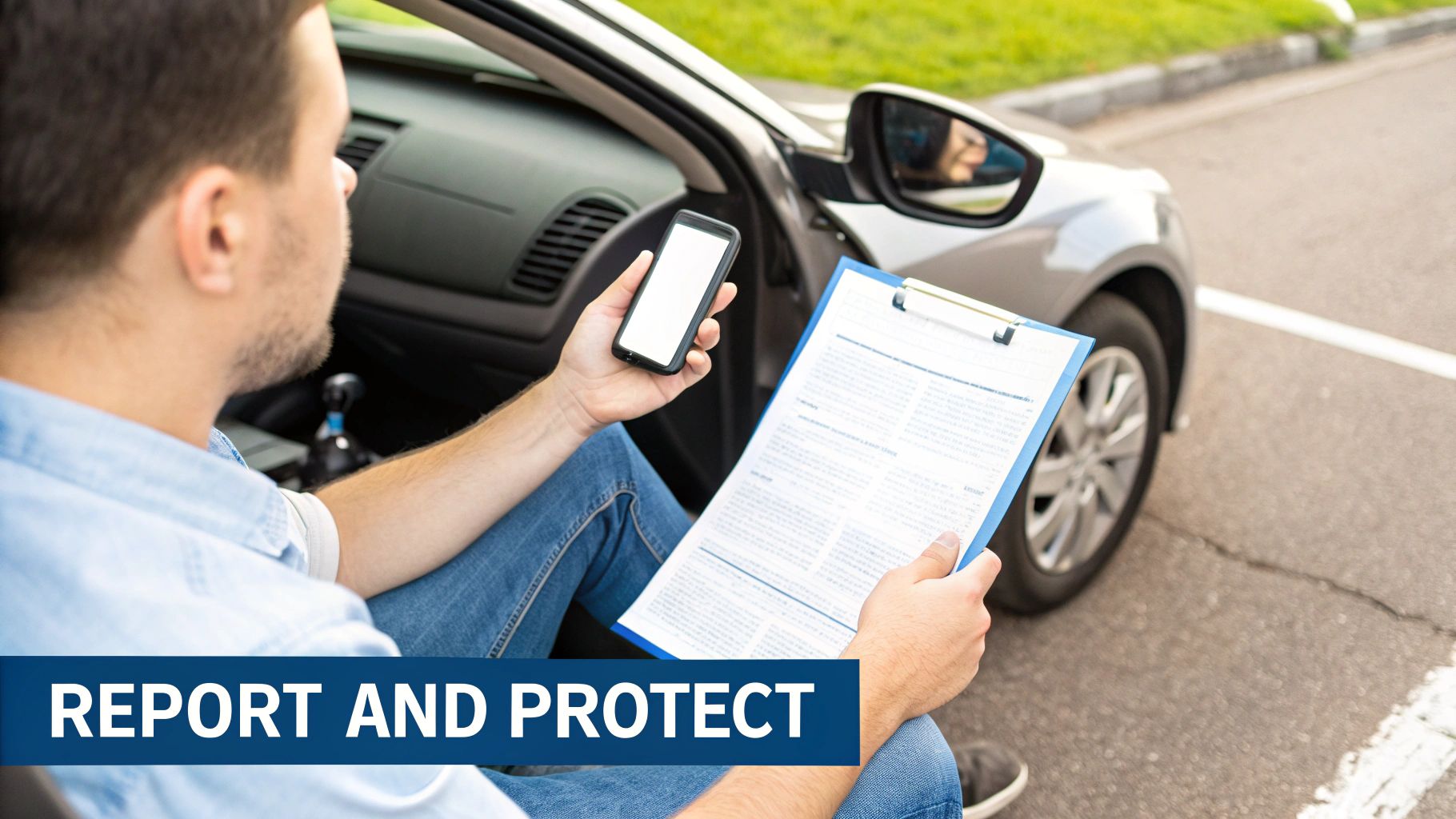 Man in a car reviewing a document on a clipboard and holding a smartphone, likely reporting an incident.