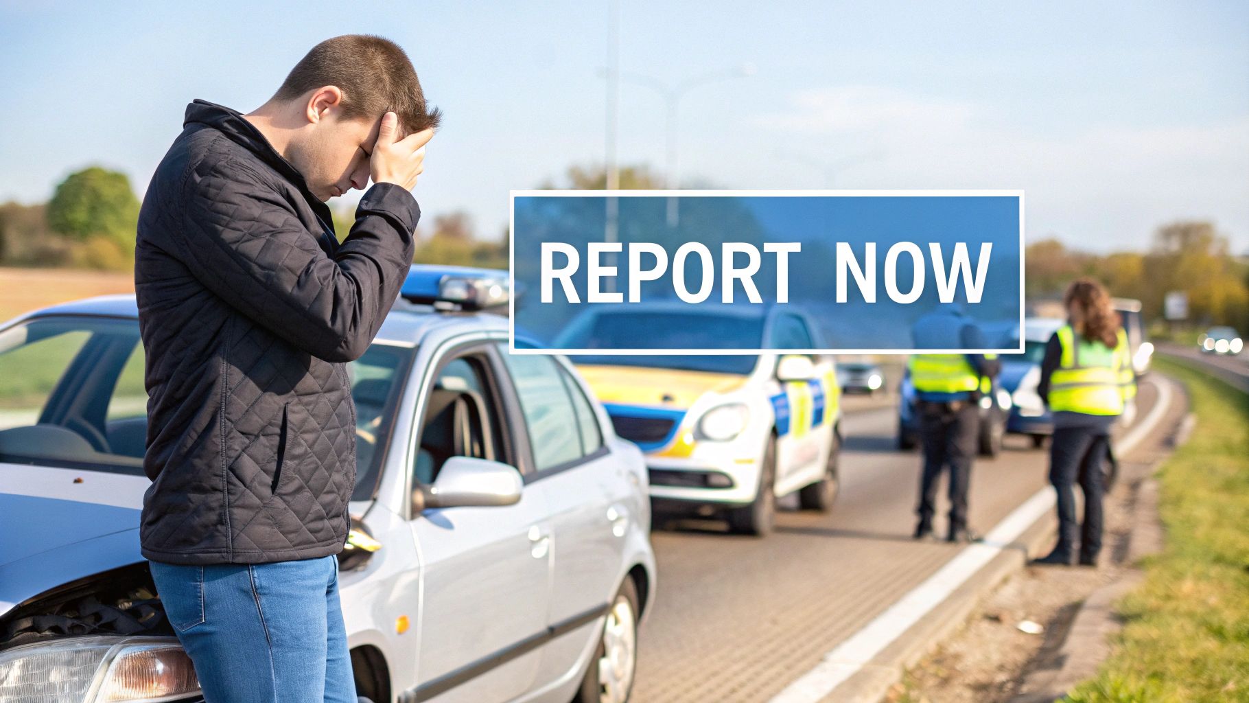 Distressed man leaning on a damaged car after an accident with police officers and cars in the background, and 'REPORT NOW' overlay.
