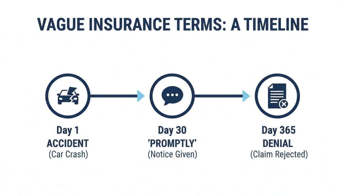 Timeline illustrating vague insurance terms: car crash on day 1, notice on day 30, claim denial on day 365.