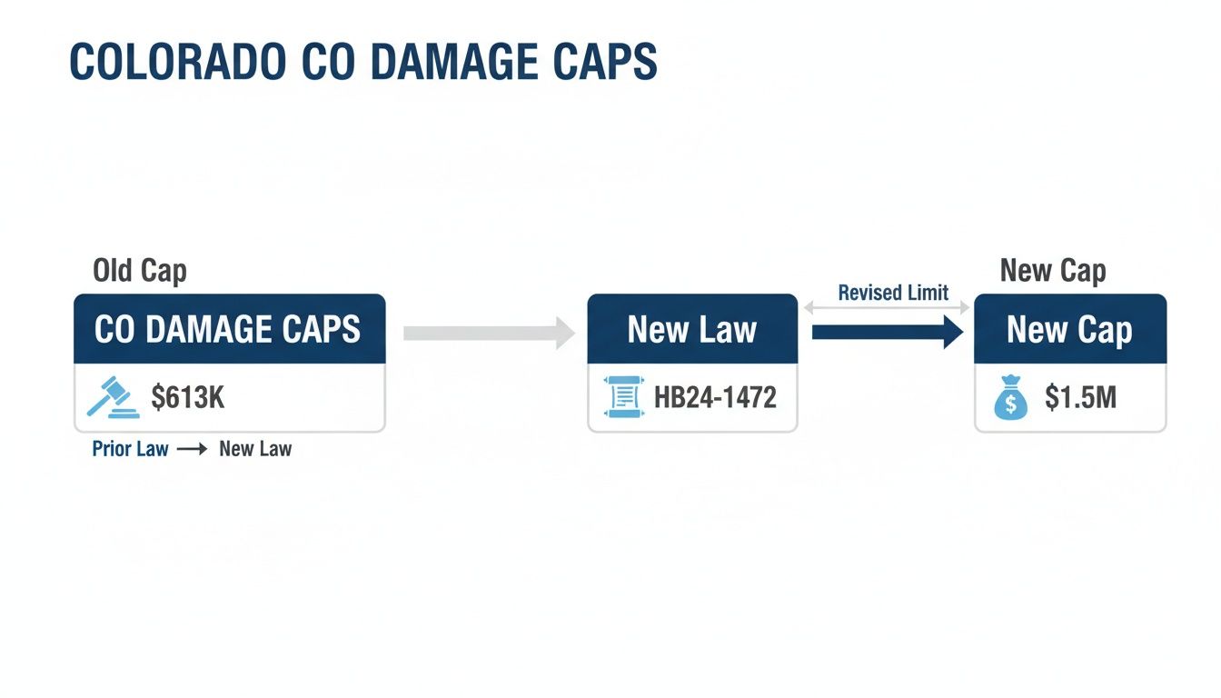 Infographic showing Colorado CO damage caps increasing from $613K (Old Cap) to $1.5M (New Cap) due to new law HB24-1472.