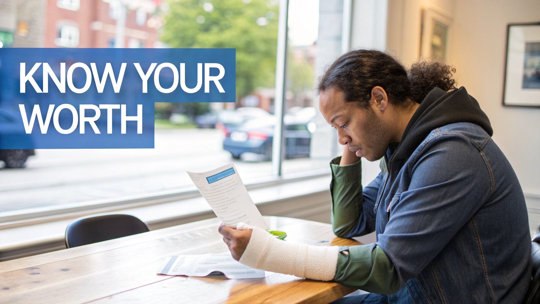 A man with a bandaged arm intently reads a document at a table, with text 'KNOW YOUR WORTH'.