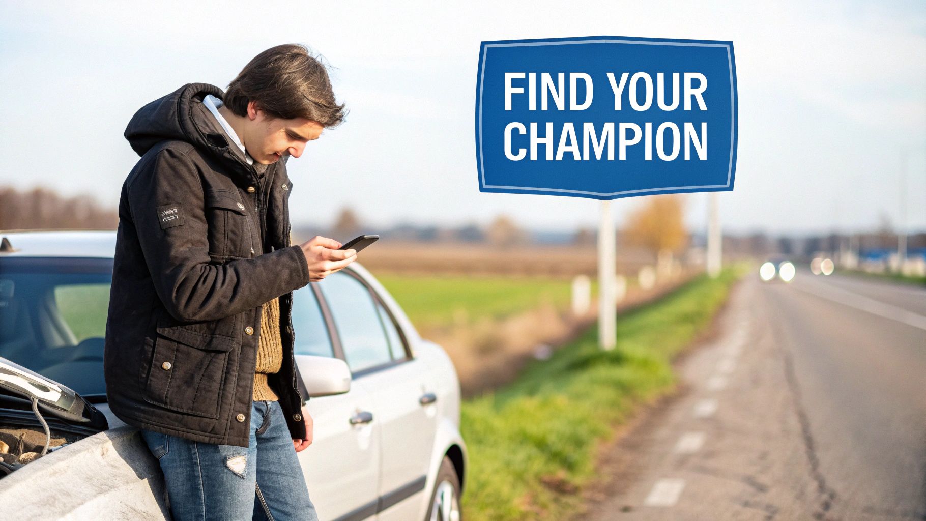 A young man uses his phone next to his broken-down car on the roadside, with a 'Find Your Champion' sign.