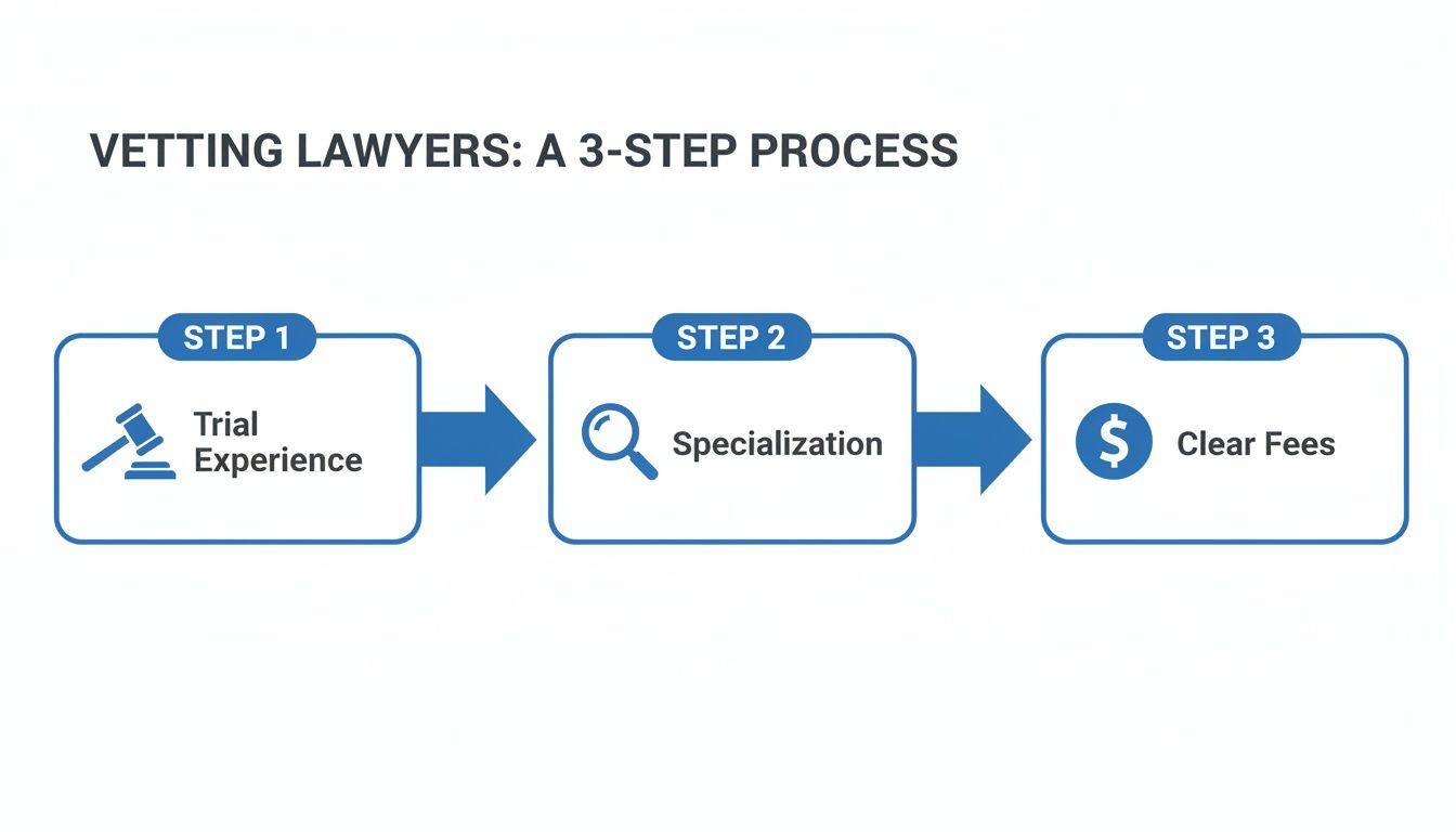A flowchart illustrates a 3-step process for vetting lawyers, highlighting trial experience, specialization, and clear fees.