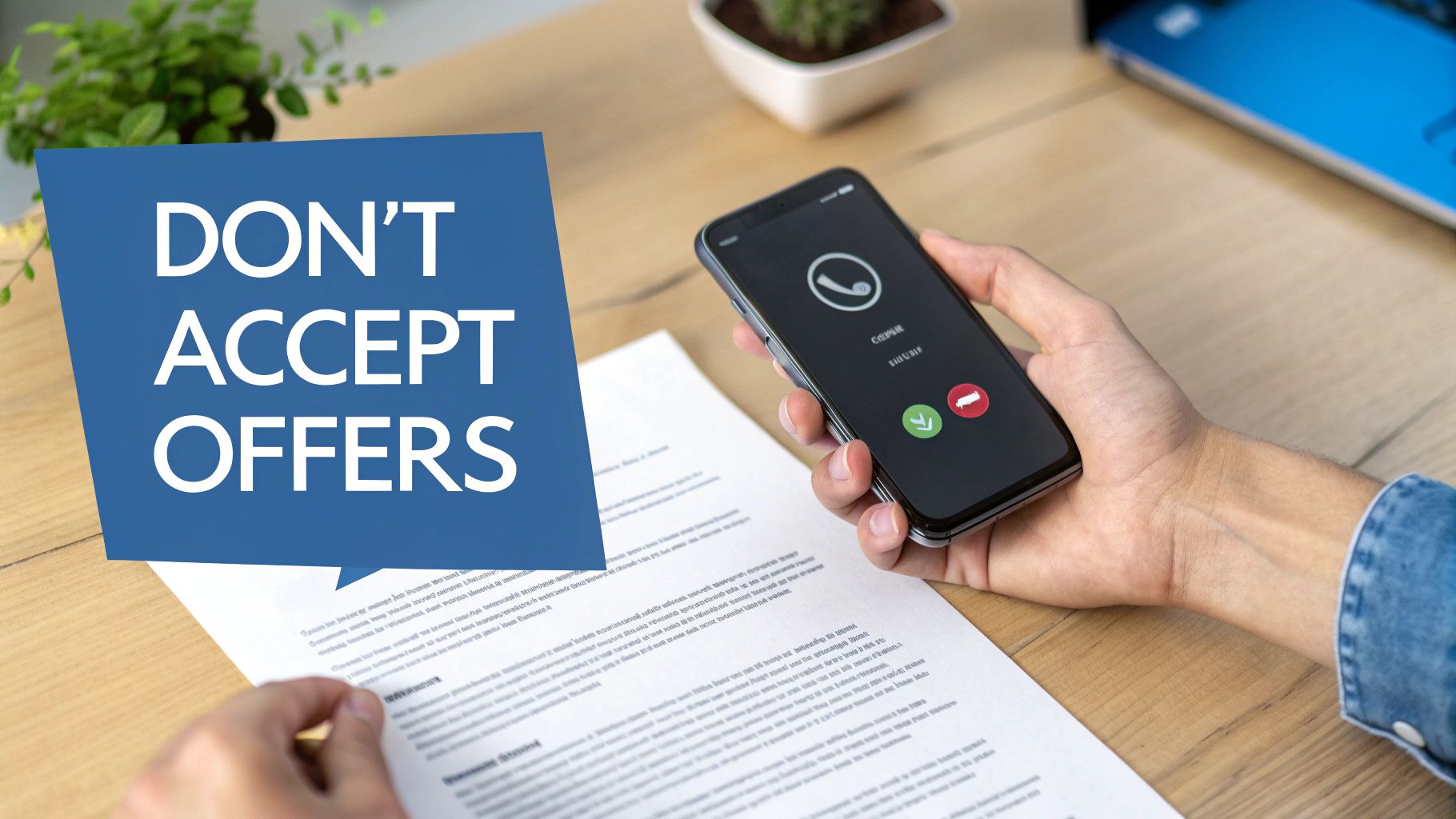 Hands holding a smartphone with an incoming call, next to a sign reading 'DON'T ACCEPT OFFERS'.