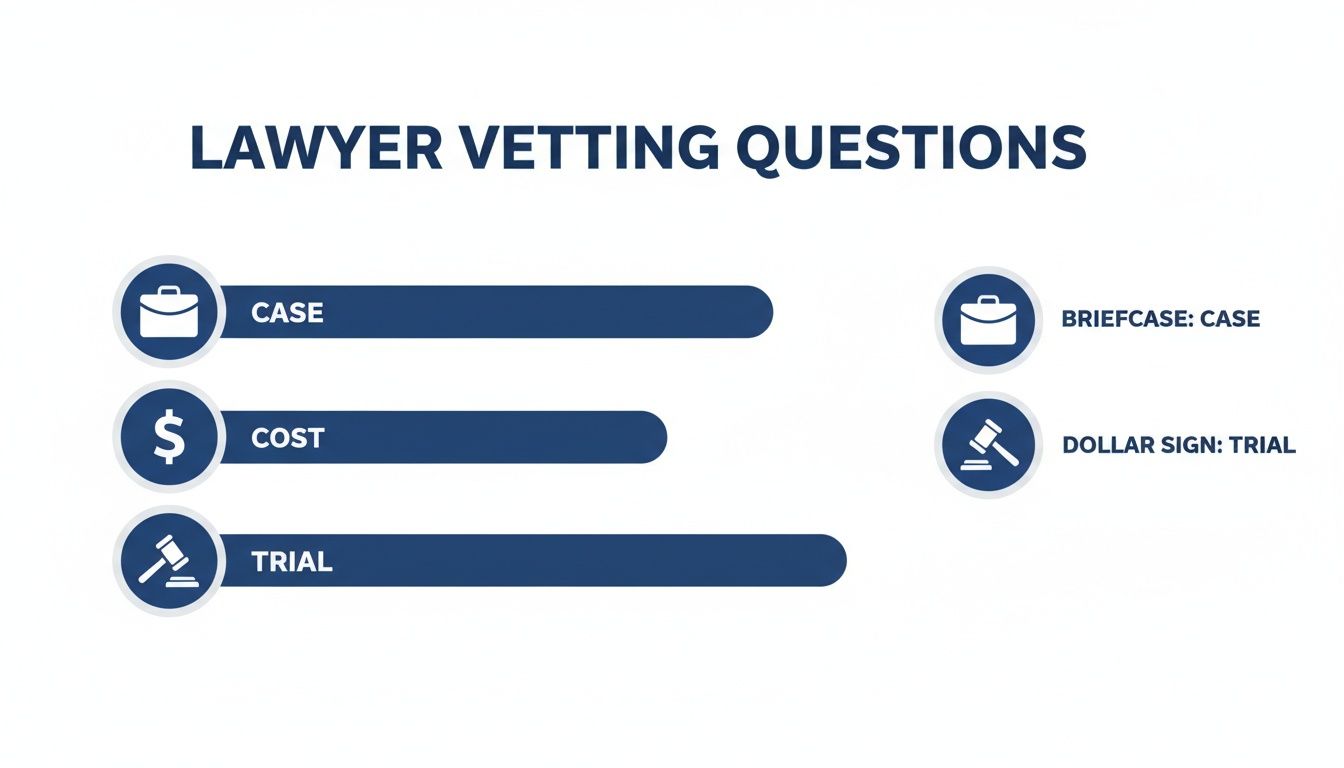 Infographic showing lawyer vetting questions covering case, cost, and trial with relevant icons.