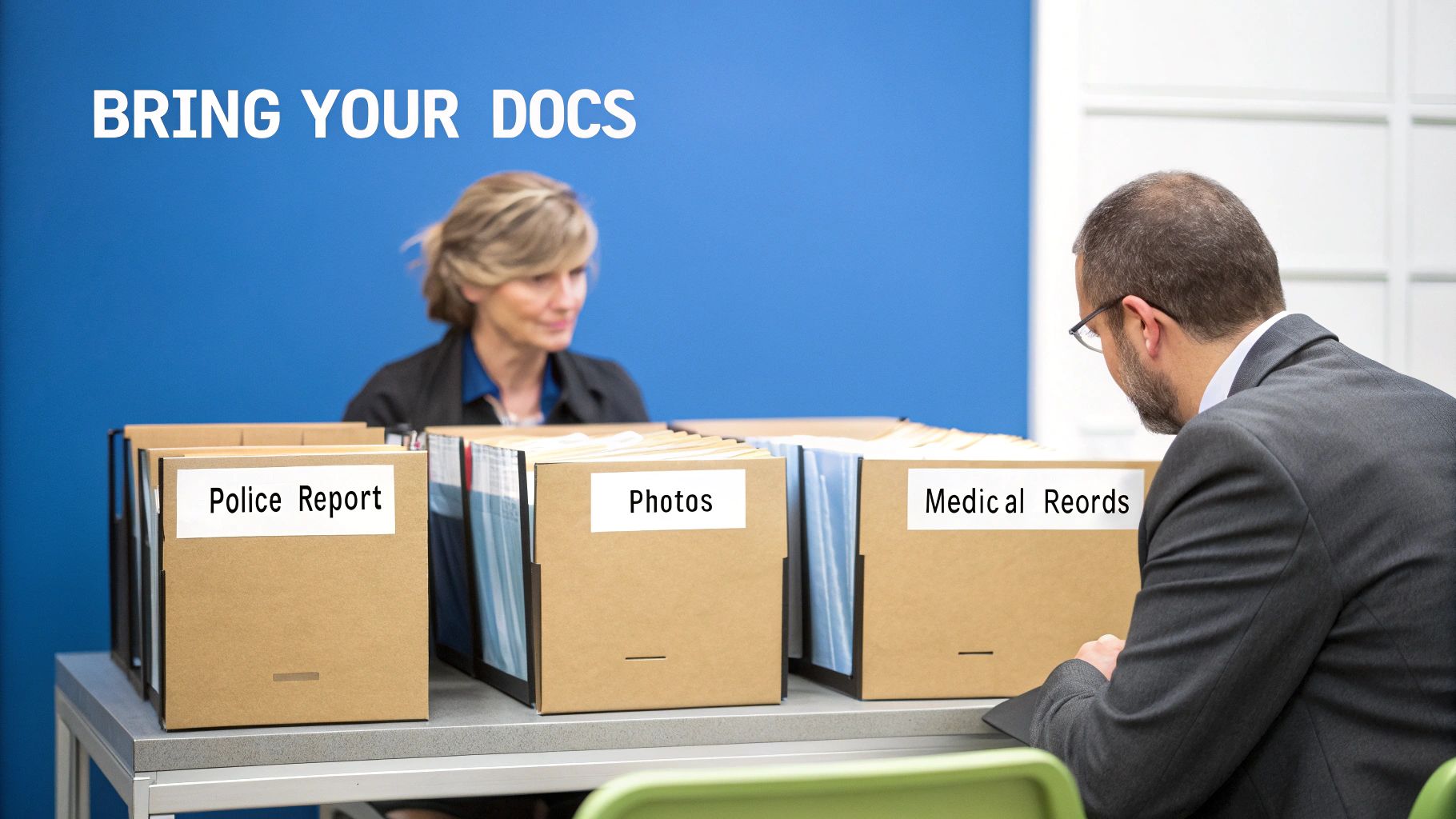 A man and a woman reviewing legal documents, with file boxes labeled 'Police Report', 'Photos', and 'Medical Records'.