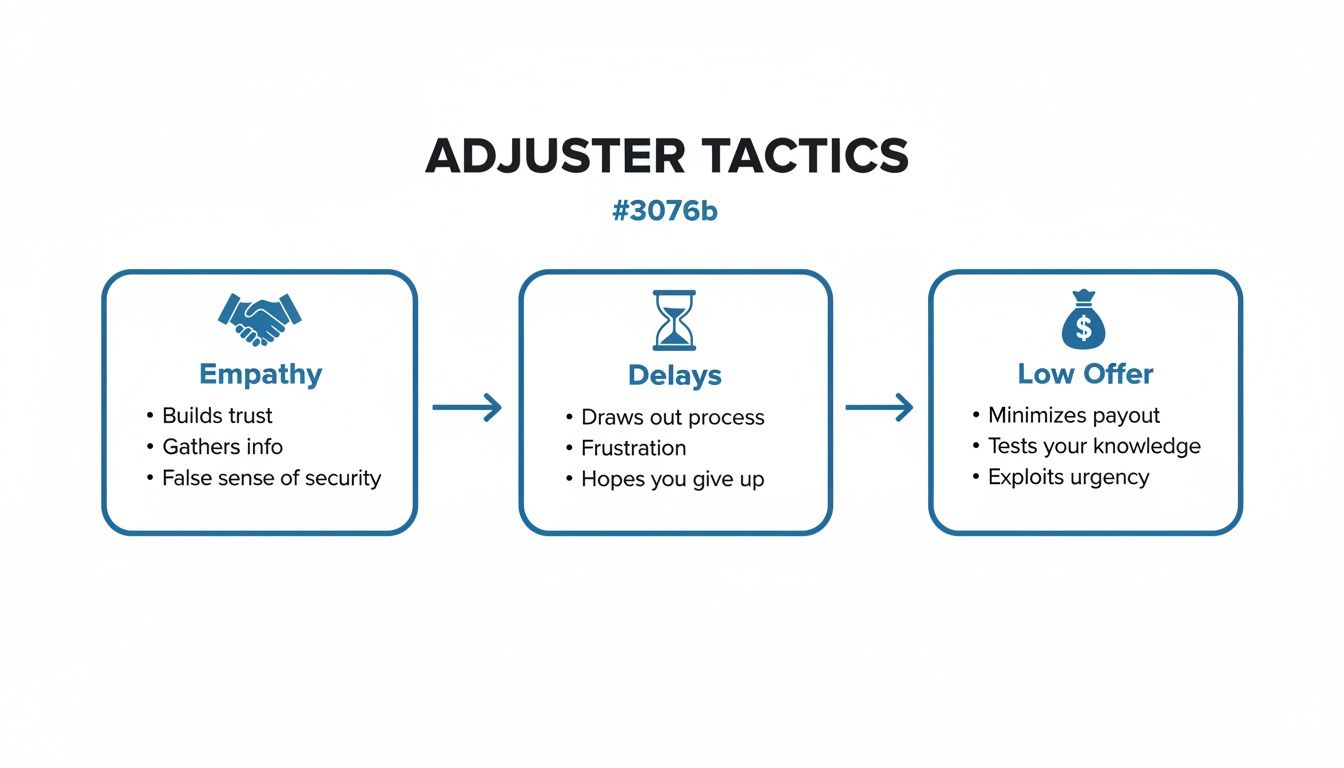 Flowchart illustrating adjuster tactics: empathy to build trust, delays, and a low offer.