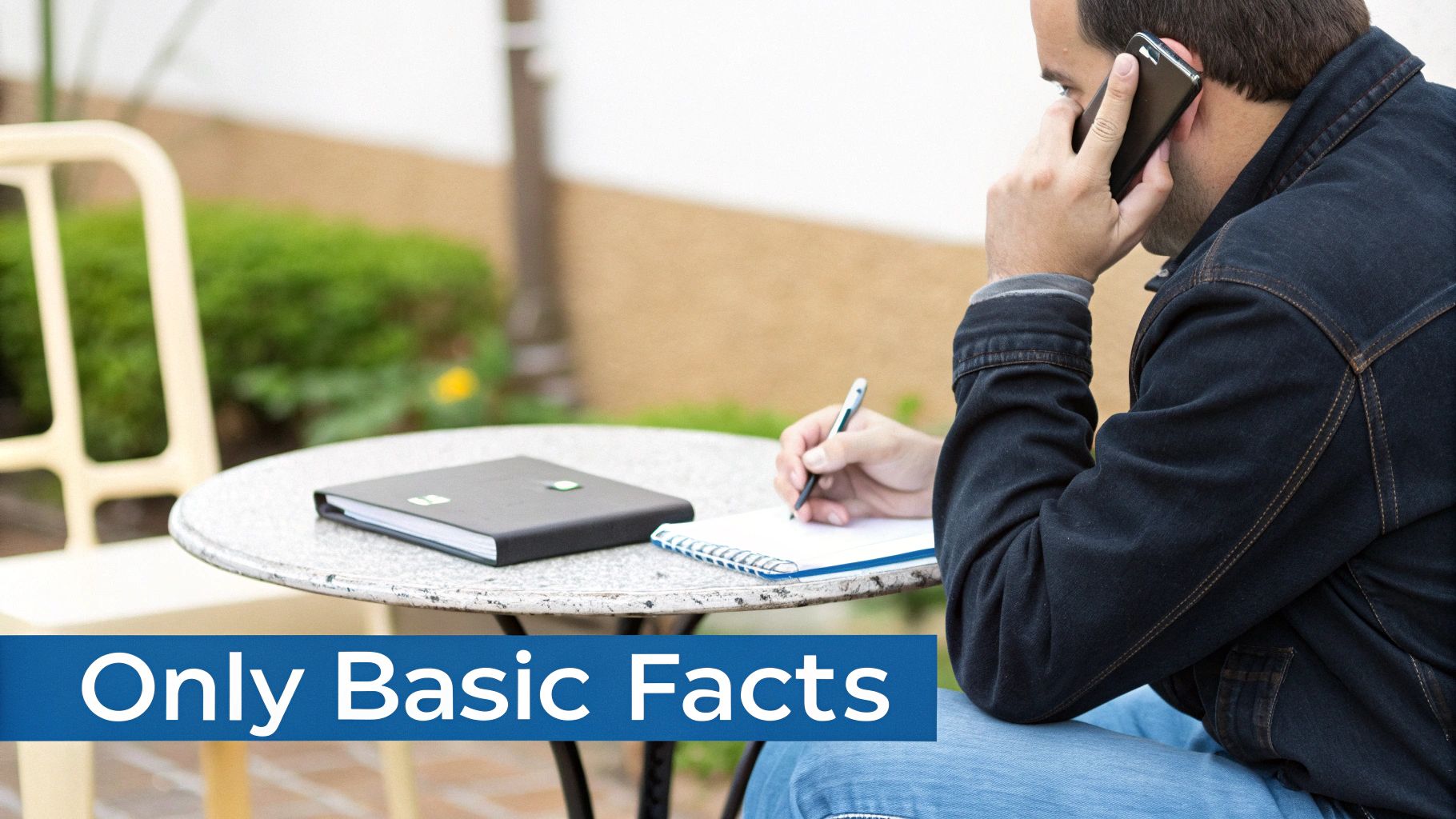 Man multitasking outdoors, holding a phone to his ear and writing in a spiral notebook.