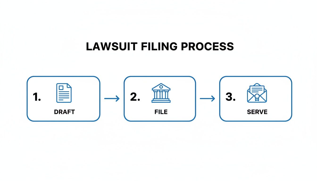 Diagram illustrating the three steps of the lawsuit filing process: draft, file, and serve.