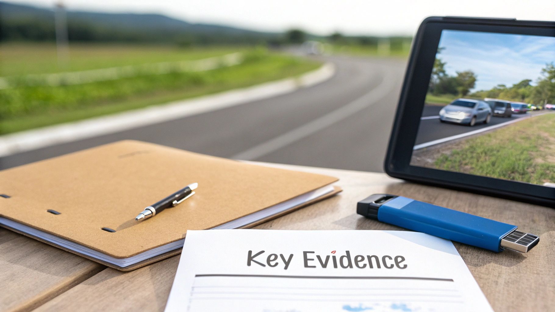 Legal evidence display: document, pen, USB drive, and tablet showing a traffic scene.