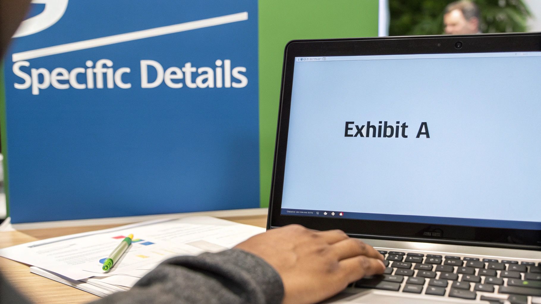 Close-up of a person typing on a laptop displaying 'Exhibit A' with 'Specific Details' banner in background.