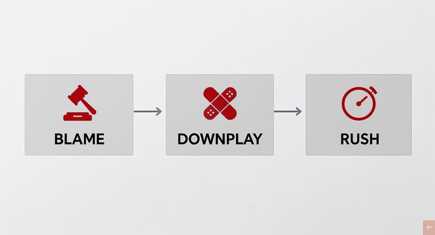 A flowchart illustrating three steps: Blame (gavel), Downplay (band-aids), and Rush (stopwatch).