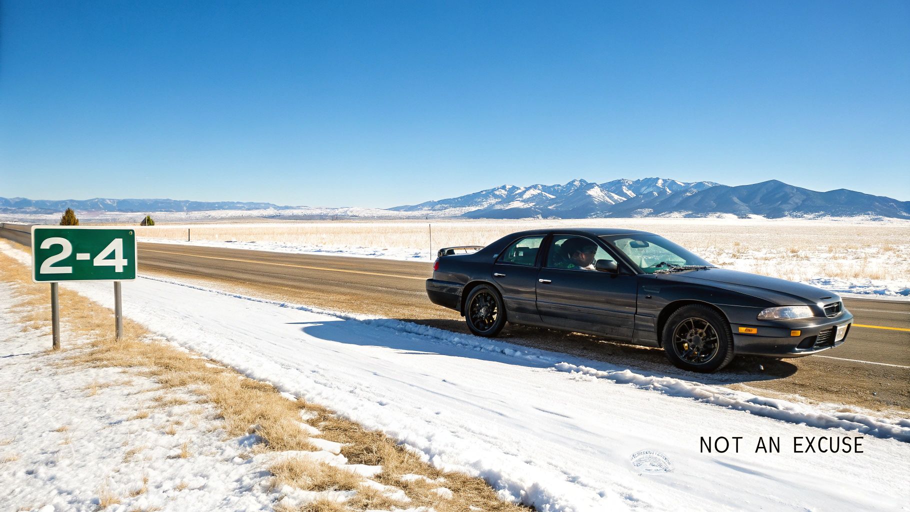 A dark sedan is pulled over on the snowy shoulder of a highway, with mountains in the distance.